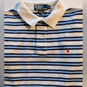Ralph Lauren Men’s Polo Shirt Size Medium 
Cotton White with Blue Stripes